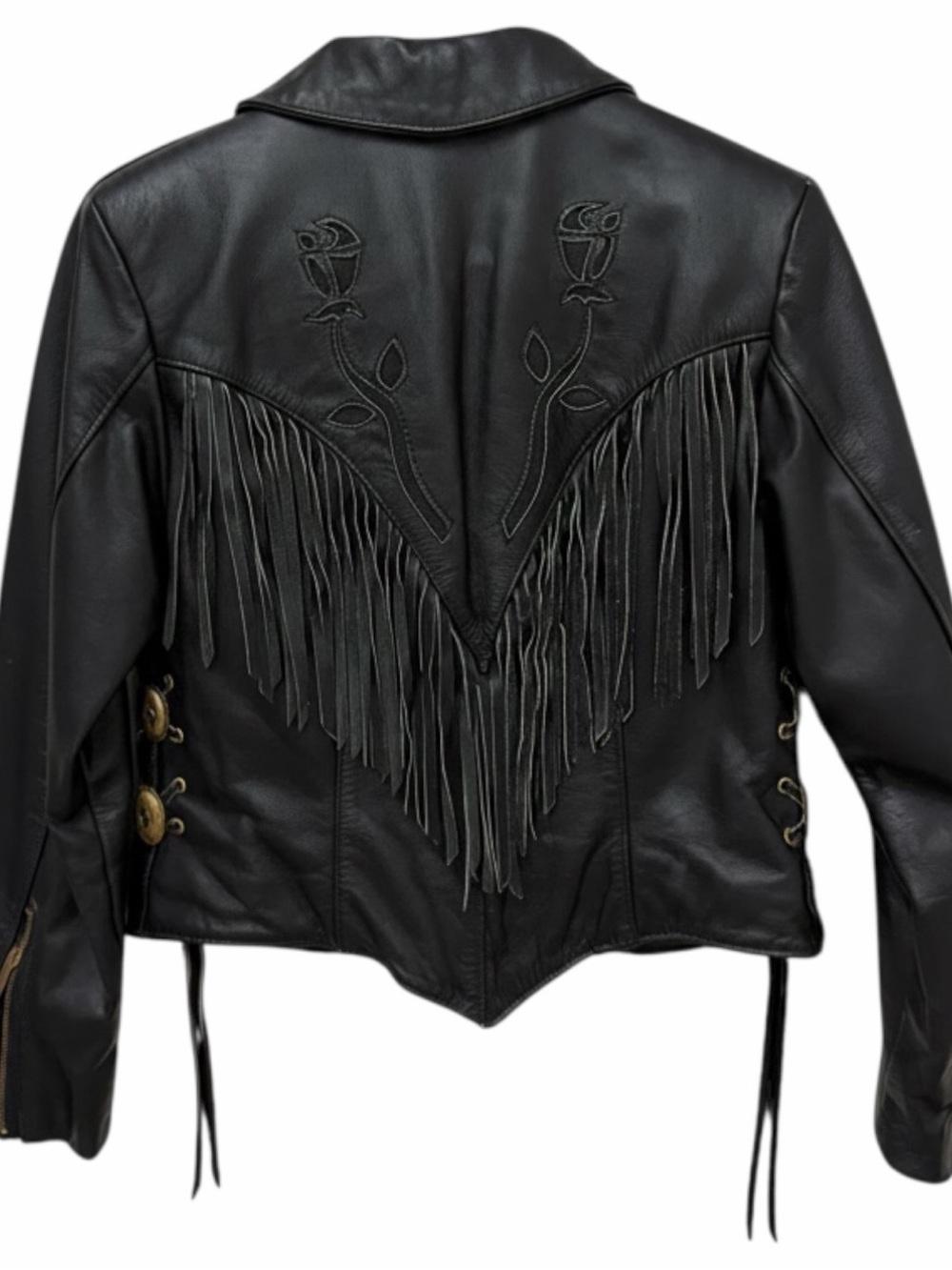 Vintage 90’s Protech Fringe Leather Jacket with Rose Detail